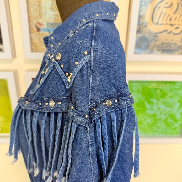 💙 Vintage 90s Western Bedazzled Denim Fringe Dress 💙 - Picture 8 of 13